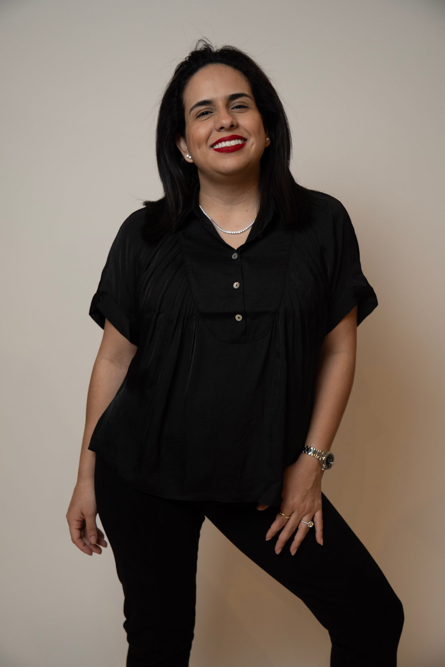 Black Short Sleeve with Front Bib Detail