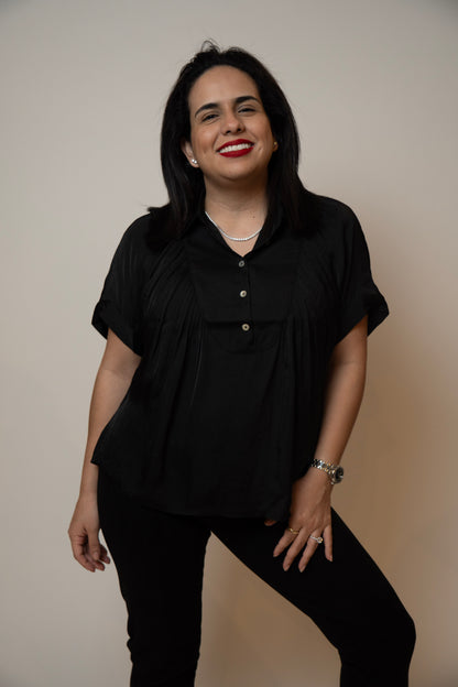 Black Short Sleeve with Front Bib Detail