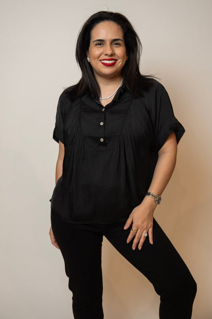 Black Short Sleeve with Front Bib Detail